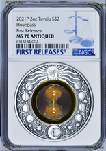 Load image into Gallery viewer, 2021 Hourglass 2oz Silver Antiqued Coin NGC MS 70 FR