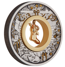 Load image into Gallery viewer, 2023 Night Before Christmas 2oz Silver + gilt Stocking Insert Antiqued Coin MS70