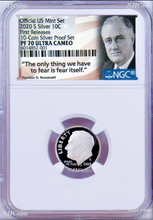 Load image into Gallery viewer, 2020 S Proof 10C Silver Dime NGC PF70 UCAMEO in 10-coin-set Roosevelt label FR