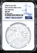 Load image into Gallery viewer, 2024 PINK PANTHER 60TH ANNIVERSARY 1oz .9999 Silver $1 Bullion COIN NGC MS70 FR
