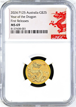 Load image into Gallery viewer, 2024 Australia Bullion GOLD $25 Lunar Year of the Dragon NGC MS69 1/4oz Coin FR