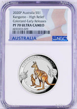 Load image into Gallery viewer, 2020 FIRST Colored HIGH RELIEF 1oz Silver Kangaroo $1 Coin NGC PF70 ER