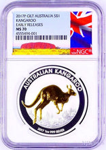Load image into Gallery viewer, 2017 P Australia GILDED Silver Kangaroo NGC MS 70 1 oz Coin w/OGP gilt NEW LABEL
