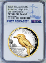 Load image into Gallery viewer, 2022 Australia GILT PROOF HIGH RELIEF 2oz Silver Kookaburra $2 Coin NGC PF70 FR
