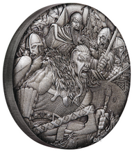 Load image into Gallery viewer, 2018 P Tuvalu Warfare - Vikings ANTIQUED 2Oz Silver $2 3D COIN NGC PF70 FR