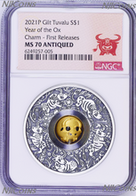 Load image into Gallery viewer, 2021 LUNAR Year of the OX 1oz $1 Silver Rotating Charm Antiqued Coin NGC MS 70