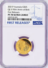Load image into Gallery viewer, 2021 QUEEN ELIZABETH 95th Birthday .9999 GOLD $25 Proof coin NGC PF70 FR Blue LB