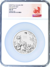 Load image into Gallery viewer, 2022P Australia Silver Lunar Year of the Tiger 5oz $8 Coin NGC MS70 FR