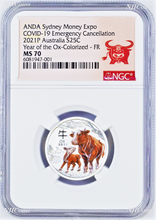 Load image into Gallery viewer, RARE 2021 Silver Sydney ADNA Expo Lunar Year of the OX 1/4oz S25c NGC MS70 FR