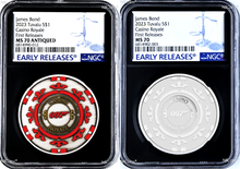 Load image into Gallery viewer, 2023 2-Coin-Set Royal Casino CHIP Antiqued SILVER $1 2oz NGC MS70 007 BLACK CORE