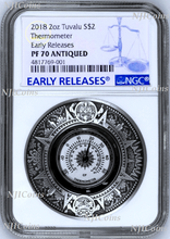 Load image into Gallery viewer, 2018 P Tuvalu Thermometer HIGH RELIEF ANTIQUED 2 Oz Silver $2 COIN NGC PF70 ER