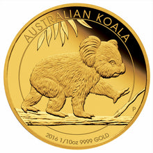Load image into Gallery viewer, Australia 2016 Proof Koala $15 1/10oz .9999 Pure Gold coin 1500 mintage with OGP