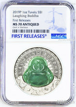 Load image into Gallery viewer, 2019 P Tuvalu Laughing Buddha ANTIQUED 1oz Silver $1 COIN NGC MS70 Natural Jade