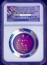 Load image into Gallery viewer, 2014 1Oz Silver Domed Constellation Orion $5 Coin NGC PF70 SOUTHERN SKY ER label