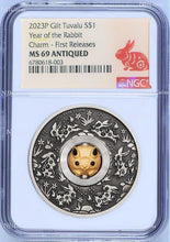 Load image into Gallery viewer, 2023 LUNAR Year of Rabbit 1oz $1 Silver Rotating Charm Antiqued Coin NGC MS69 FR