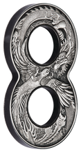 Load image into Gallery viewer, Australia 2020 Figure Eight DRAGON AND PHOENIX 2oz $2 Silver Antiqued Coin