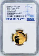 Load image into Gallery viewer, 2022 James Bond Proof $50 1/4oz Gold COIN NGC PF70 LEGACY SERIES1 Sean Connery F