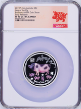 Load image into Gallery viewer, 2019 ANDA EXPO PROOF Colored Silver Lunar Year of the PIG NGC PF70 2oz $2 Coin