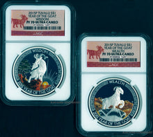Load image into Gallery viewer, 2015 P Tuvalu 1 Oz Silver Good Fortune Goat Wealth Wisdom 2 Coin Set NGC PF70