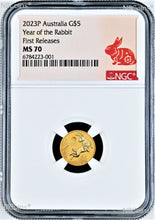 Load image into Gallery viewer, 2023 Australia Bullion GOLD $5 Lunar Year of the Rabbit NGC MS70 1/20oz Coin FR