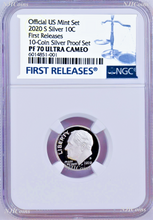 Load image into Gallery viewer, 2020 S Proof 10C Silver Dime NGC PF70 UCAMEO in 10-coin-set BLUE label FR