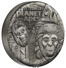 Load image into Gallery viewer, 2-Coin-Set 2018 Planet of the Apes SILVER $2 & $1 1oz 2oz NGC MS PF 69 ANTIQUED