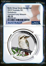 Load image into Gallery viewer, 2021 Berlin Show Virtual WMF Australia Kookaburra Silver NGC MS70 1oz $1 Coin ER