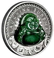 Load image into Gallery viewer, DARK GREEN (Emerald Like) 2019 Laughing Buddha 1oz Silver $1 COIN NGC MS70 Jade