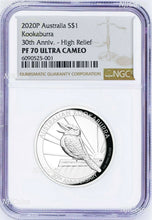 Load image into Gallery viewer, 2020 Australia HIGH RELIEF 1oz Silver Kookaburra 30 Ann $1 Coin NGC PF70 +OGP
