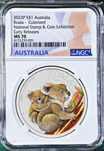 Load image into Gallery viewer, 2023 Koala 1oz Colored Silver Perth Coin Stamp & Coin Exhibition Special MS70 ER