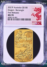 Load image into Gallery viewer, 2023 Dragon 1oz .9999 GOLD Rectangular $1 Dollar Bar COIN NGC MS 70 FR Lunar LB