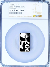 Load image into Gallery viewer, 2022 60 YEARS OF JAMES BOND 007 SILVER COLORED RECTANGLE $1 1oz COIN NGC PF70 BR