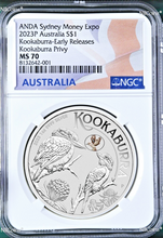 Load image into Gallery viewer, 2023 Kookaburra 1oz Silver Coin Kookaburra Privy Sydney M. Expo MS70 ANDA ER