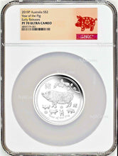 Load image into Gallery viewer, 2019 Australia PROOF Silver Lunar Year of the PIG NGC PF70 2oz $2 Coin ER 2K ltd