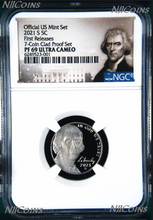 Load image into Gallery viewer, 2021 S Proof 5C Nickel 7-coin-clad-proof-set Version NGC PF69 ULTRA CAMEO FR