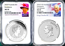 Load image into Gallery viewer, 2-Coin-Set Final Queen & 1st KING CHARLES EFFIGY Kookaburra 1oz SILVER NGC MS70