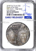 Load image into Gallery viewer, 2018 Planet of the Apes 50th Ann. SILVER $2 2oz COIN NGC MS 70 ANTIQUED ER