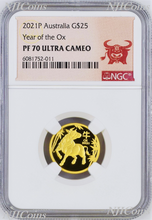 Load image into Gallery viewer, 2021 P Australia PROOF GOLD $25 Lunar Year of the Ox NGC PF70 1/4 oz Coin