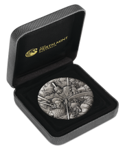 Load image into Gallery viewer, WARFARE – ROMAN LEGION 2018 2oz Silver Antique HIGH RELIEF RIMLESS Coin 3D VIEW