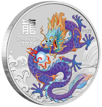 Load image into Gallery viewer, 2024 Australia Purple BU Lunar Year of the Dragon 1oz Silver $1 Coin In Card