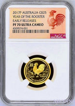 Load image into Gallery viewer, 2017 P Australia PROOF GOLD $25 Lunar Year ROOSTER NGC PF70 1/4 oz $25 Coin ER