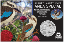 Load image into Gallery viewer, 2023 ANDA SYDNEY Expo Special Kookaburra 1oz $1 Silver Coin w/ Kooka PRIVY MARK