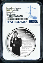 Load image into Gallery viewer, 2022 James Bond Legacy 2nd Issue Roger Moore SILVER PROOF $1 1oz COIN NGC PF70 F