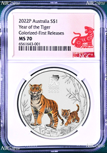 Load image into Gallery viewer, 2022 Australia Colored Bullion Silver Lunar Year of Tiger NGC MS70 1oz $1 Coin
