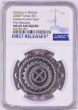 Load image into Gallery viewer, 2020 Industry In Motion ANTIQUED Gear-Shaped Hollow 1oz Silver COIN NGC MS69