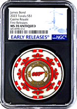 Load image into Gallery viewer, 2023 Royal Casino CHIP Antiqued SILVER $1 1oz COIN NGC MS70 James Bond 007 BLACK