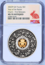 Load image into Gallery viewer, 2023 LUNAR Year of Rabbit 1oz $1 Silver Rotating Charm Antiqued Coin NGC MS70 FR