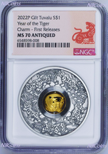 Load image into Gallery viewer, 2022 LUNAR Year of Tiger 1oz $1 Silver Rotating Charm Antiqued Coin NGC MS70 FR
