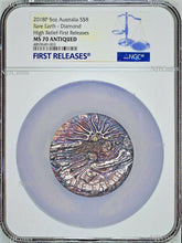 Load image into Gallery viewer, Rare Earth 2018 5oz Silver High Relief Patina golden diamond $8 Coin NGC MS70 FR