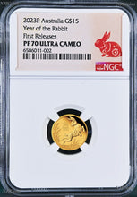 Load image into Gallery viewer, 2023 P Australia PROOF GOLD $15 Lunar Year of the Rabbit NGC PF70 1/10oz Coin FR